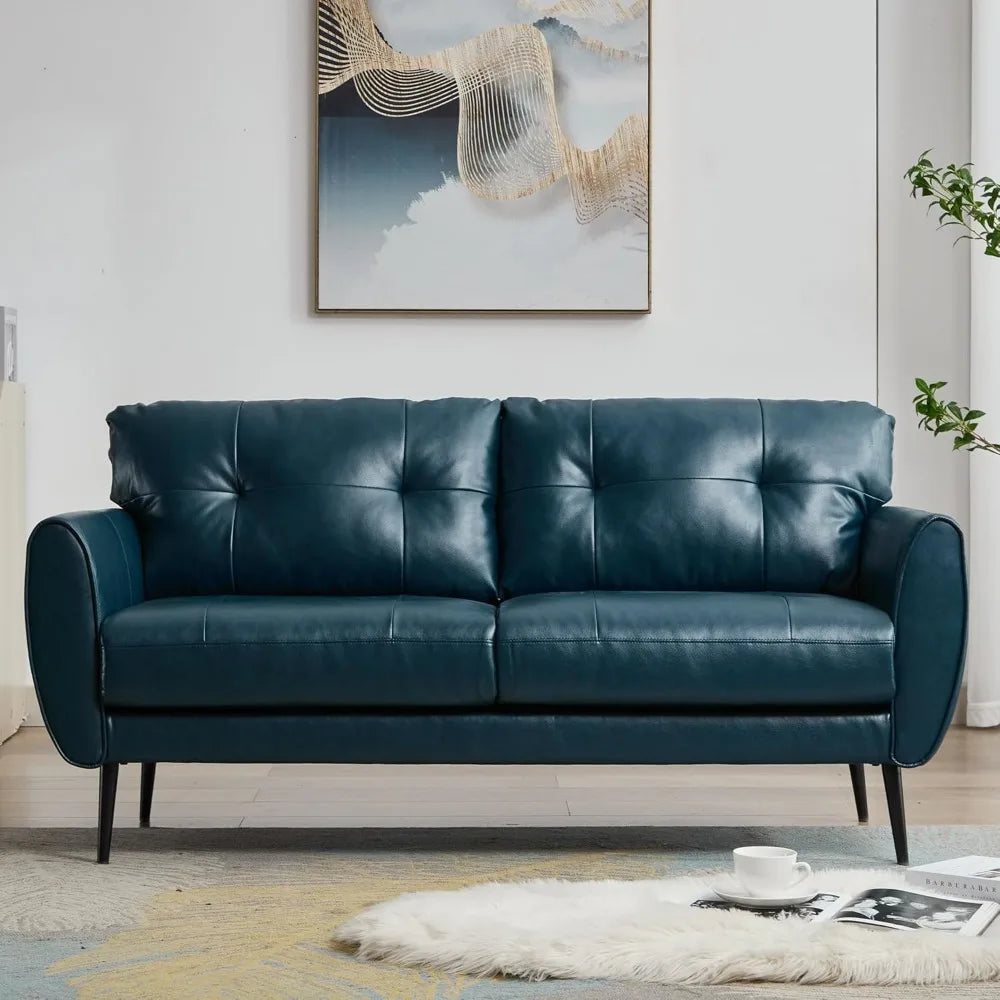 Living Room Sofa Couch 61" Small Loveseat Couches for Living Room Blue Leather Couch Mid Century Modern Tufted Mini Sofa Comfy Office 2 Seat