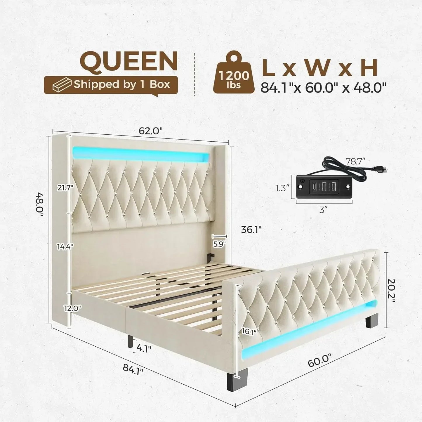 Bed Frame Queen Size with LED Light and Charging Station, Upholstered High Headboard and Footboard, Wood Slats, Noise Free, Beige