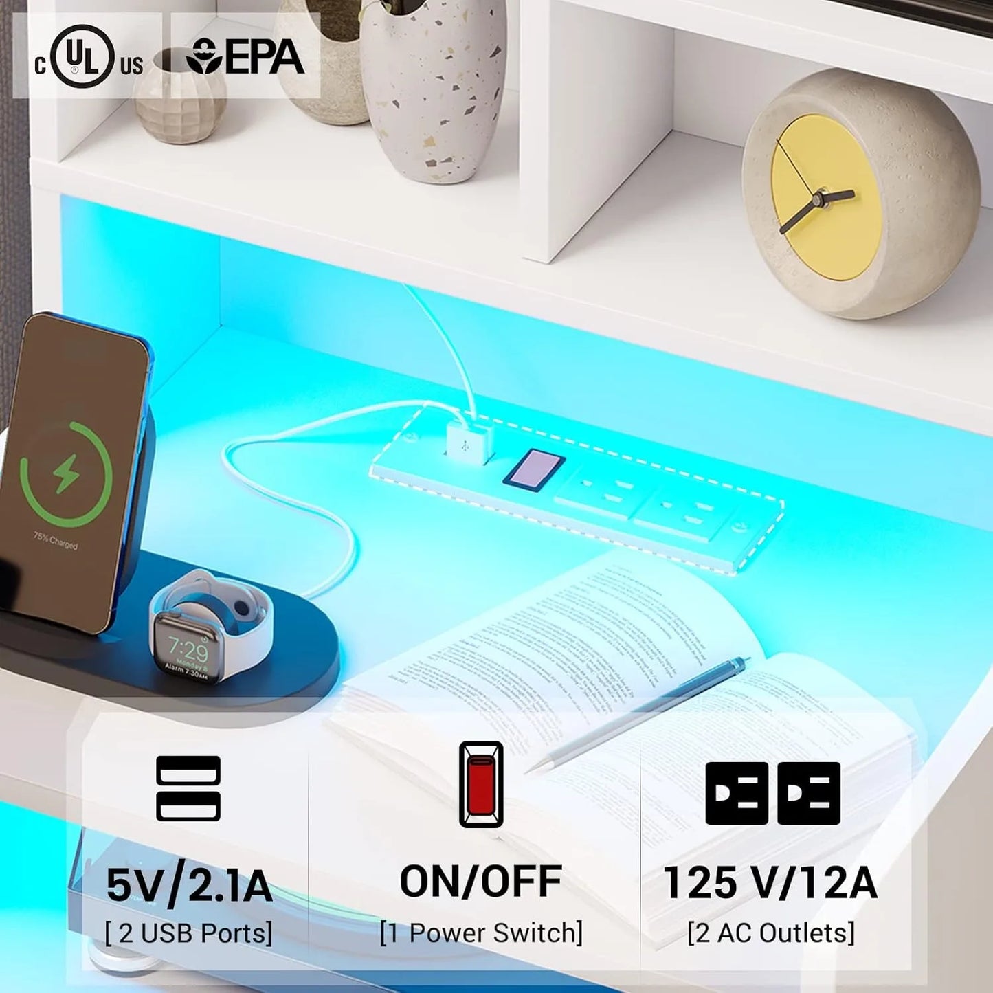 Nightstand Tall with Charging Station & LED Lights White LED Nightstand with Bookshelf, Bedside Table or End Table with Shelves and 2 Drawers