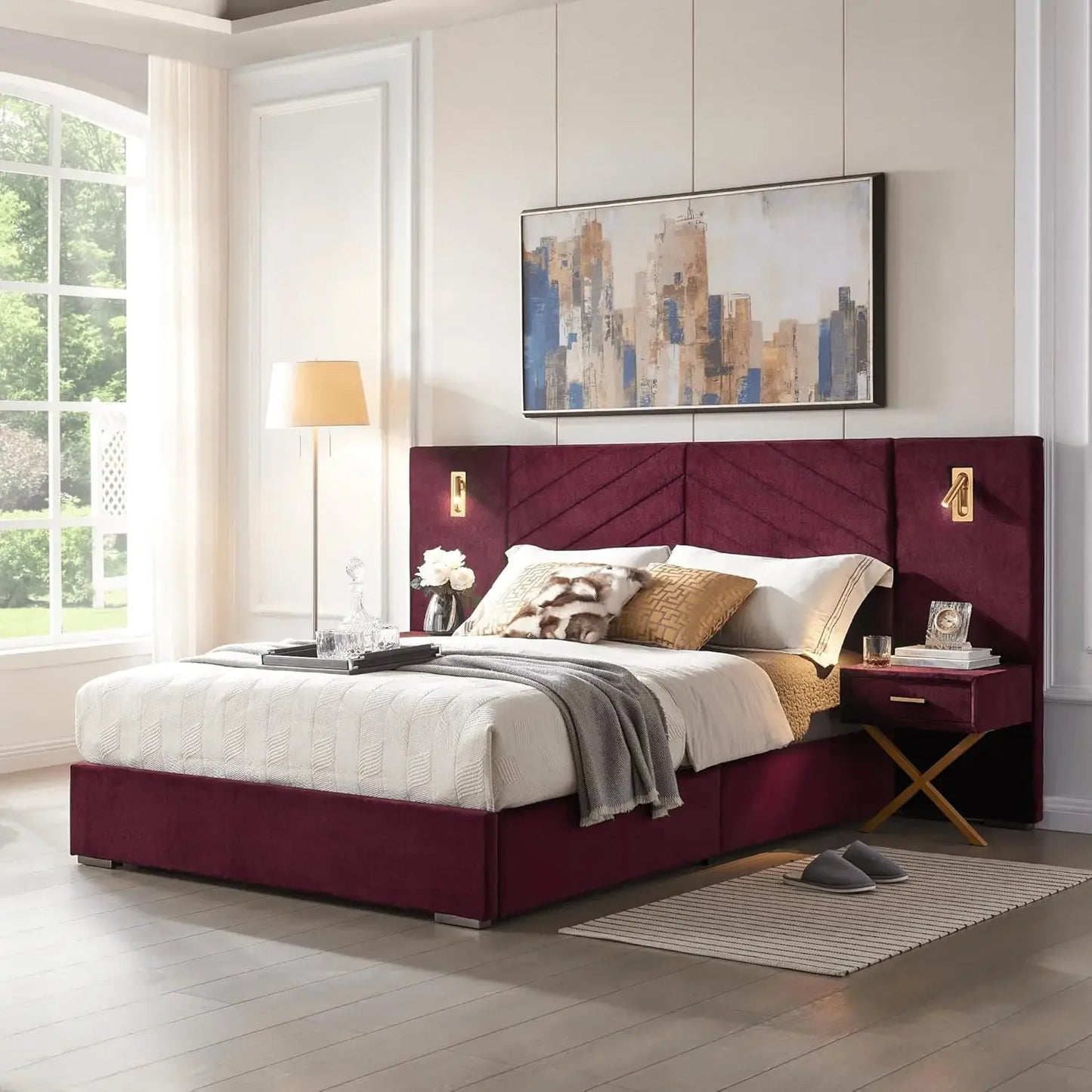 Bed Frame King Size or Queen Size with Built-in LED Lights and Nightstands and Oversize Upholstered Headboard, Bed Frame