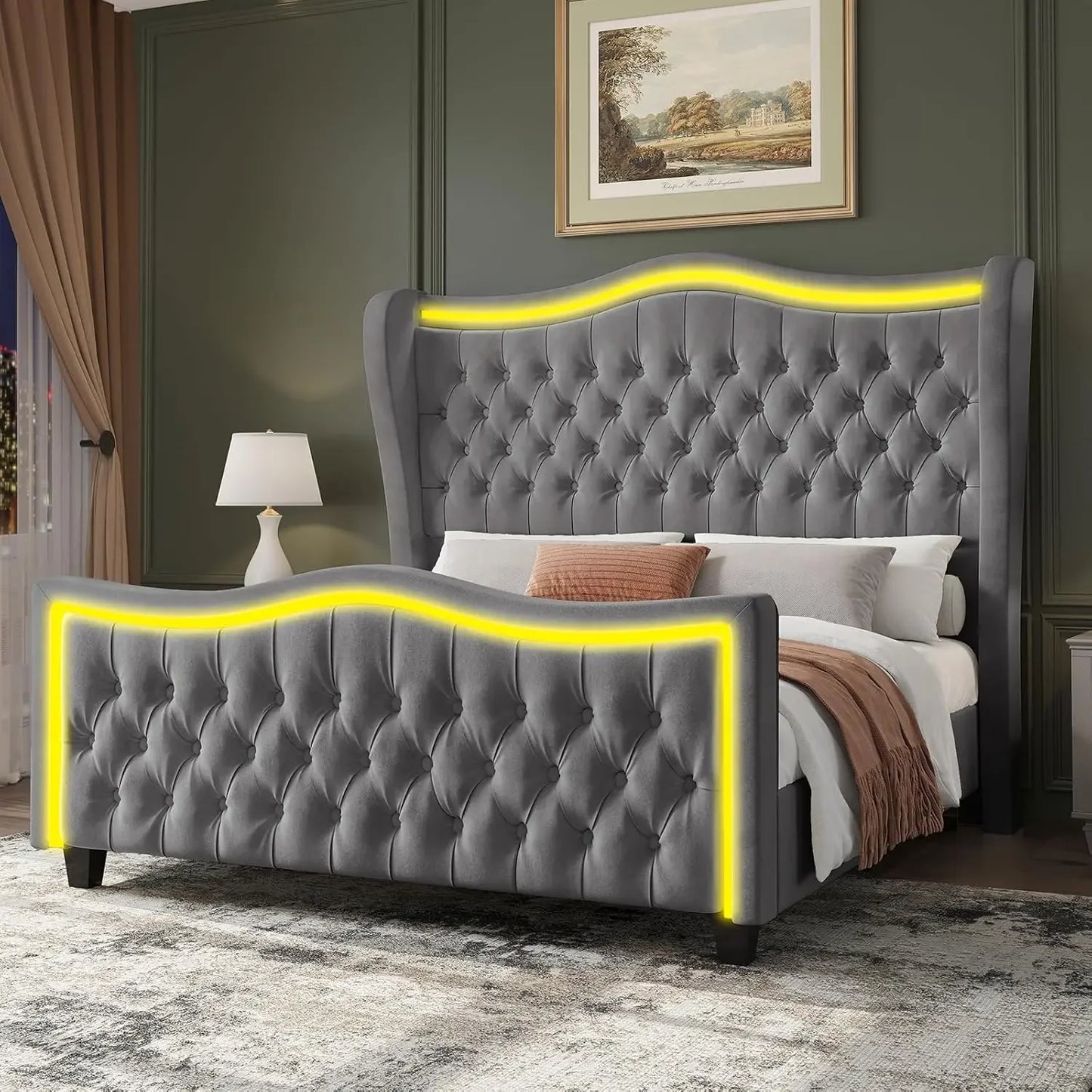 Bed Frame King Size or Queen Size w/LED Lights, 53'' Upholstered Platform Wingback Bed w/Handmade Deep Button Tufted Headboard Footboard