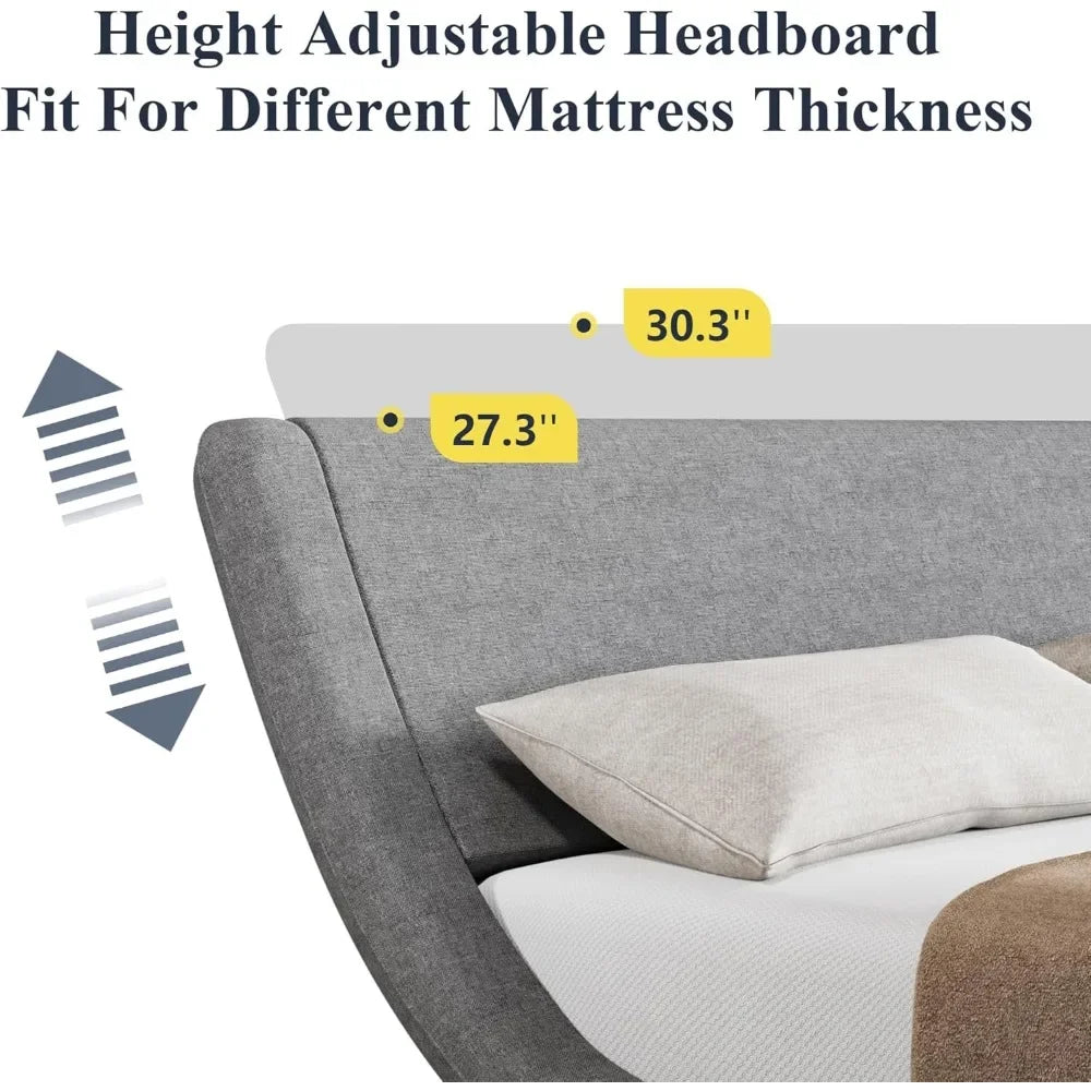 Bed Frame Queen Size with Ergonomic & Adjustable Headboard, Low Profile Modern Upholstered Platform Sleigh Design - Easy Assembly