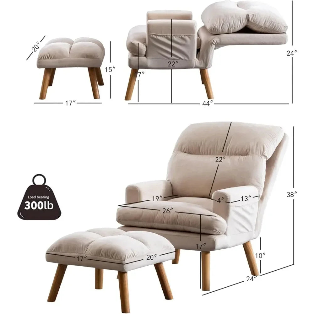 Chair Modern Accent Chair with Ottoman, Soft Fabric Armchair with Adjustable Backrest and Side Pockets, Comfy Lounge Chair