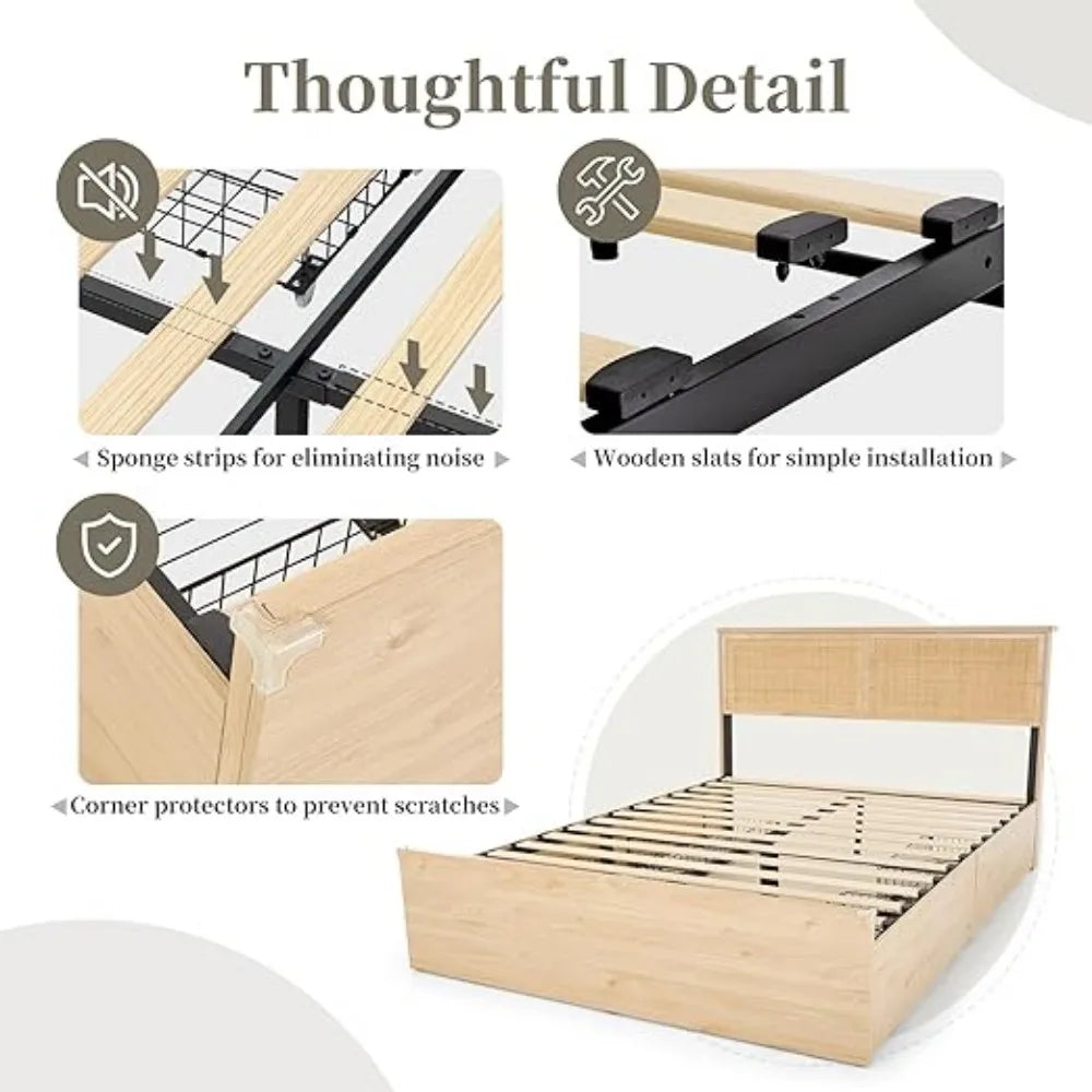 Bed Frame Queen Size with Natural Rattan Headboard and Wooden 4 Storage Drawers, Metal Platform with Strong Wooden Slats Support