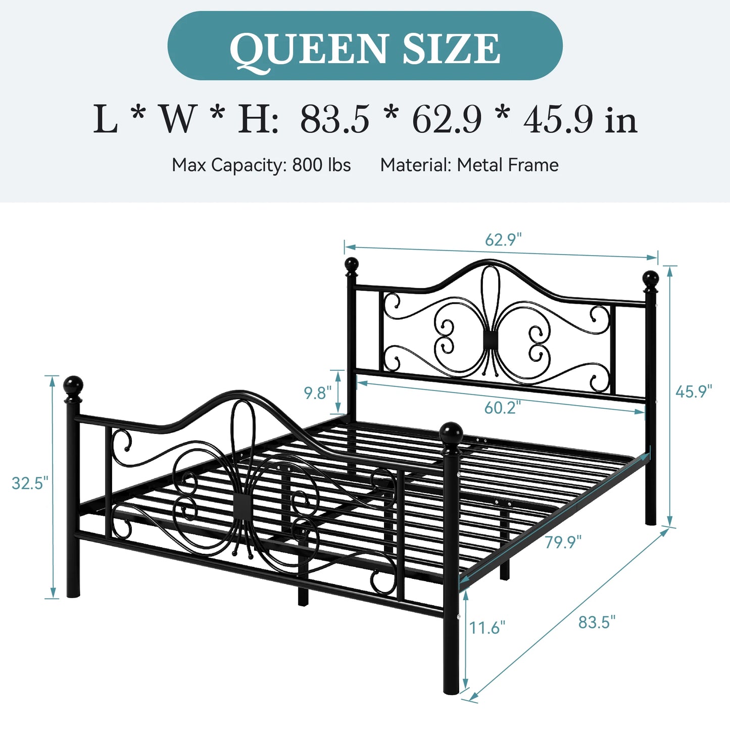 Bed Frame Queen Size or Full Size or Twin Size, Platform Metal Bed Frame with Butterfly Pattern Design Headboard & Footboard Alleiwe