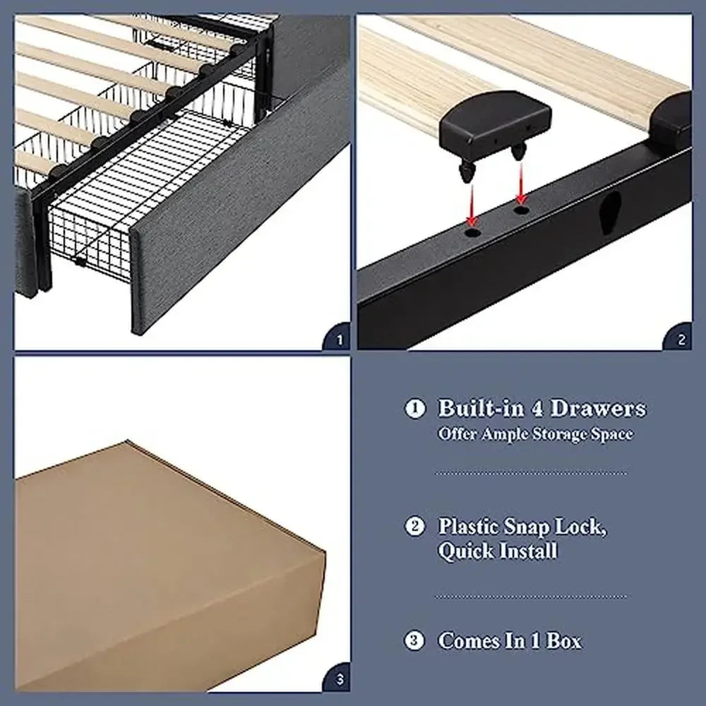 Bed Frame King Size Upholstered Platform with 4 Storage Drawers and Adjustable Headboard Modern Diamond Stitched Button-Tufted