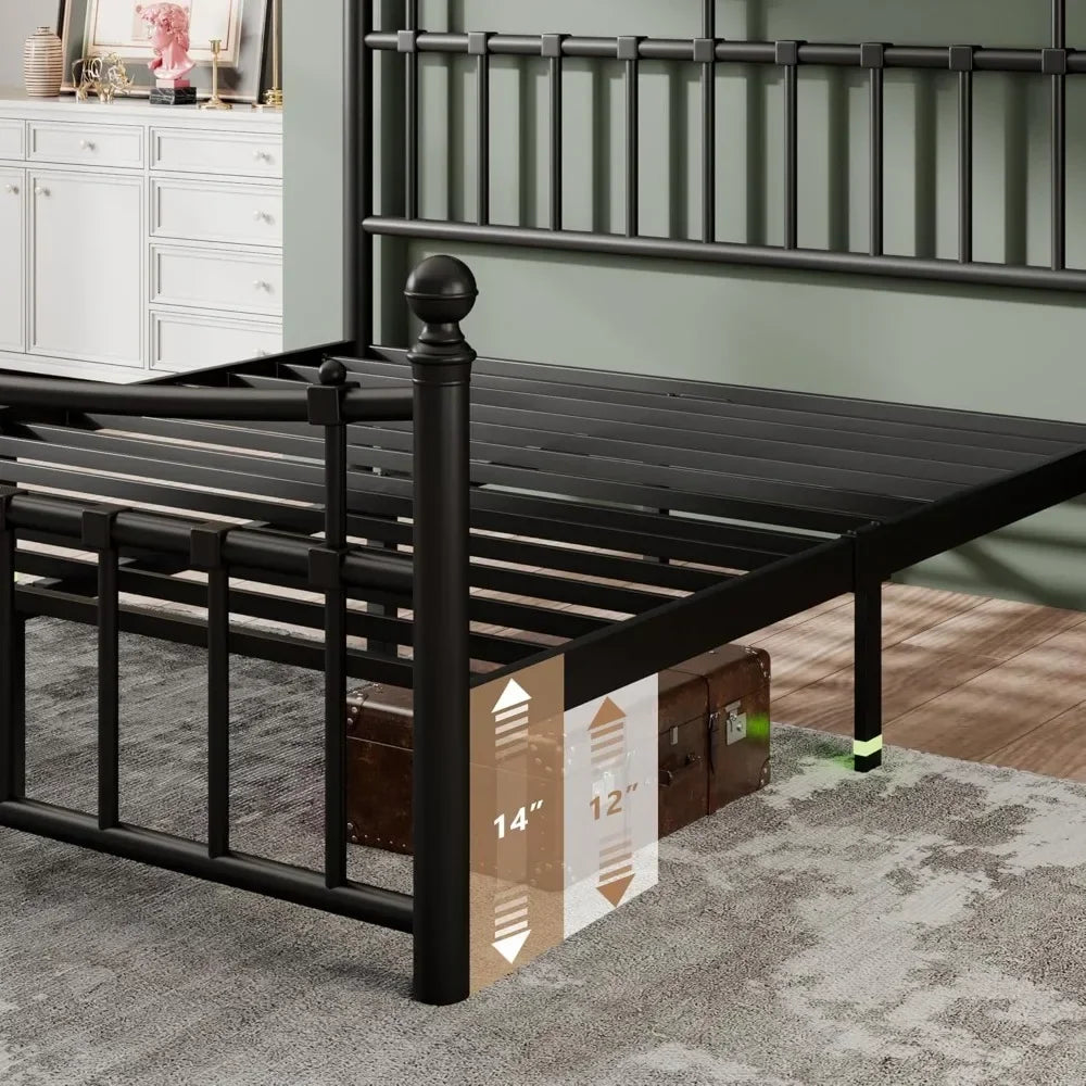 Bed Frame Queen Size with 14 Steel Slats Support, Iron-Art Headboard and Footboard, 14 Inch Metal Platform Bed Frame