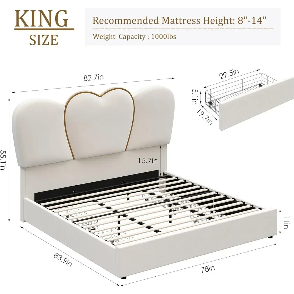 Bed Frame King LED with 4 Storage Drawers, Modern Velvet Upholstered Platform Bed with 55 Tall Heart Shaped Headboard, Beige Bed