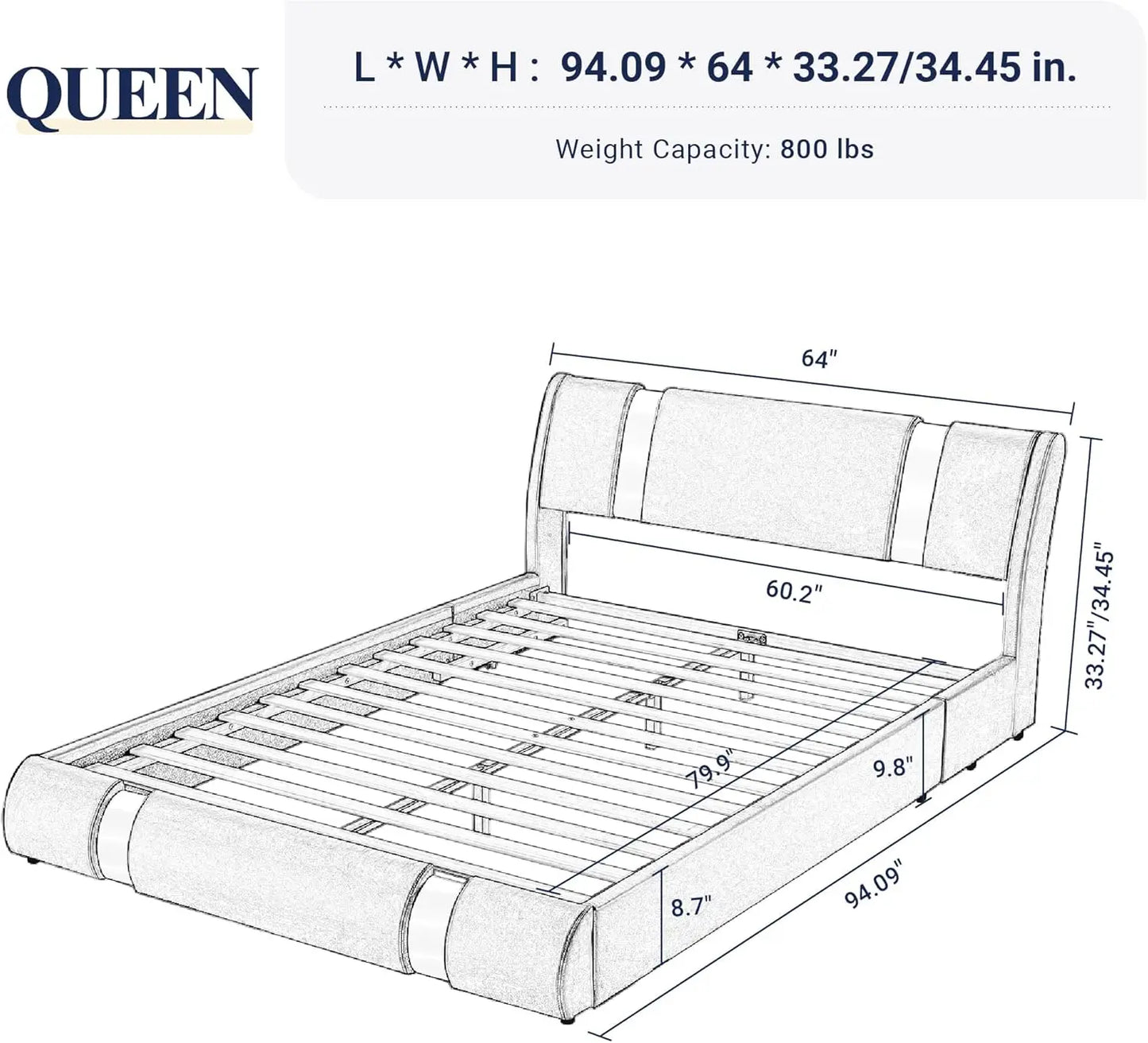 Bed Frame Queen Size with Iron Piece Decor, Faux Leather Upholstered Platform Bed with Adjustable Headboard & Strong Wooden Slats