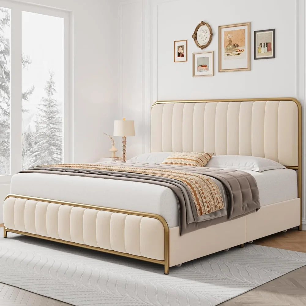 Bed Frame Full Size with 4 Storage Drawers and Headboard, Heavy Duty Metal Mattress Foundation with Wooden Slats