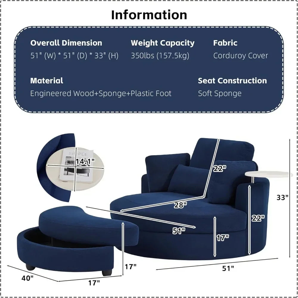 Chair Oversize Swivel Accent Chair with Armrest Tray, Round Barrel Chair with Ottoman for Living Room and Bedroom, Corduroy Fabric