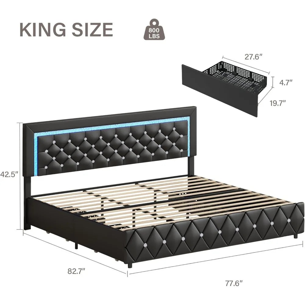 Bed Frame King Size with LED Lights and Storage Drawers, Upholstered Platform Bed with Crystal Tufted Headboard, Wooden Slats