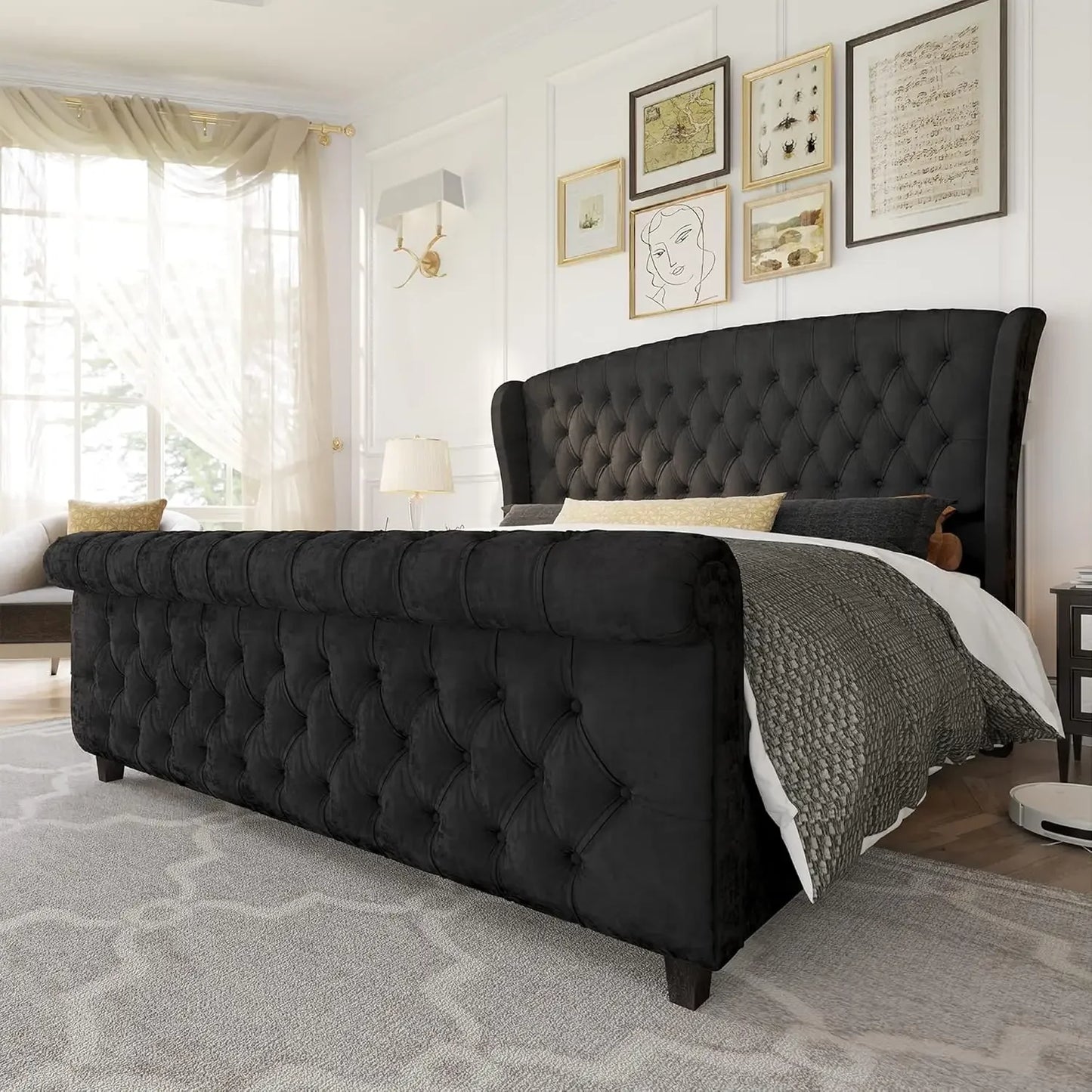 Platform Bed Frame King Size, Velvet Upholstered Sleigh Bed with Scroll Headboard & /Button Tufted/No