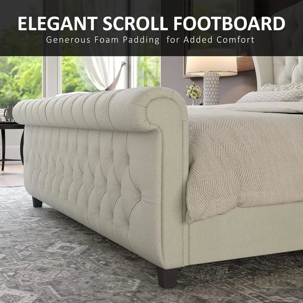 Bed Frame King Size or Queen Size Platform with Scroll Wingback Headboard & Footboard No Box Spring Required, Chenille Upholstered Sleigh Bed