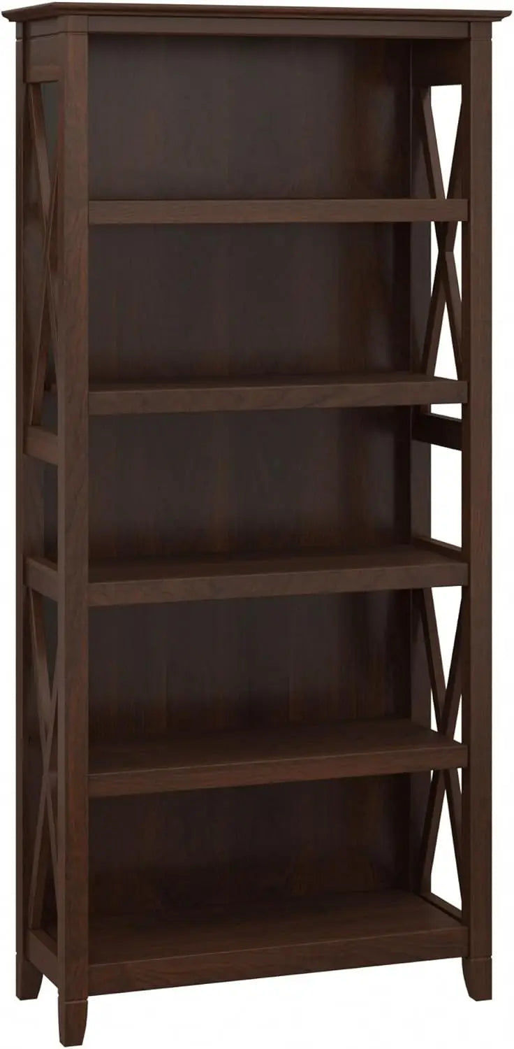 Bookcase Tall 5 Shelf  for Living Room or Home Office, Large Bookshelf, Modern Farmhouse Style, Key West Collection, Bing Cherry