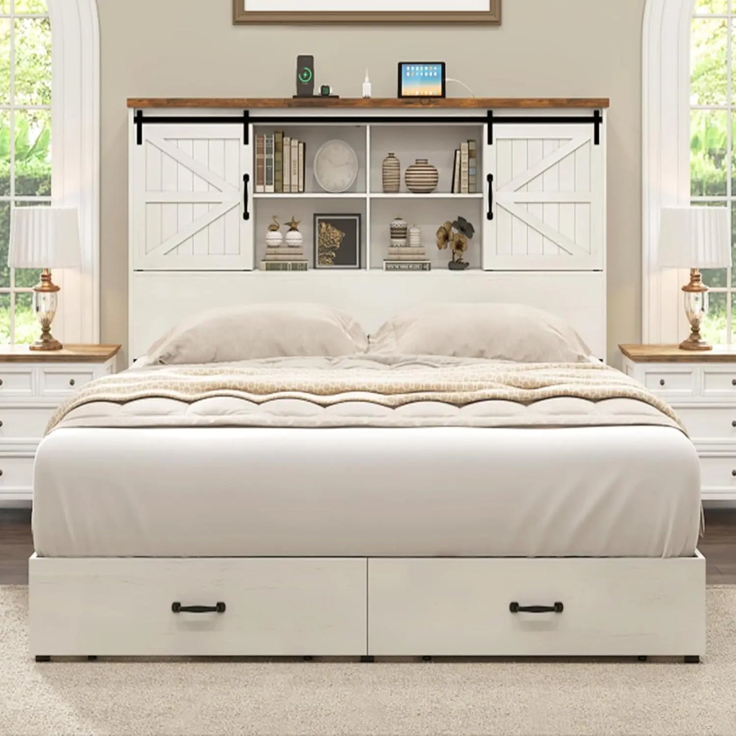 Wood Platform Bed Frame King Size with 51.2" Bookcase Headboard, Storage Bed with Sliding Barn Door Charging Station 2 Drawers