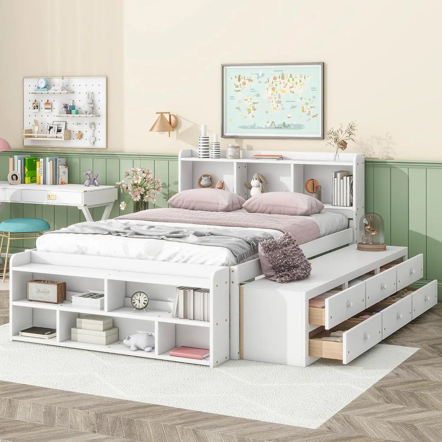 Bed Frame Wood Full Size with Storage, Bookcase Headboard, Platform Bed with 6 Storage Drawers, with Cabinet