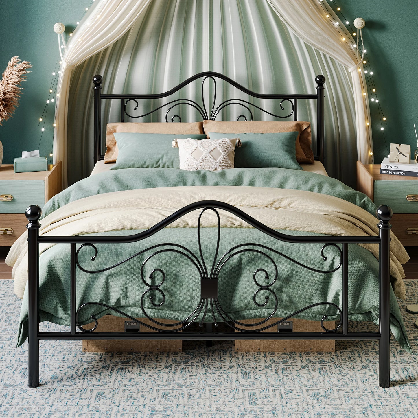 Bed Frame Queen Size or Full Size or Twin Size, Platform Metal Bed Frame with Butterfly Pattern Design Headboard & Footboard Alleiwe