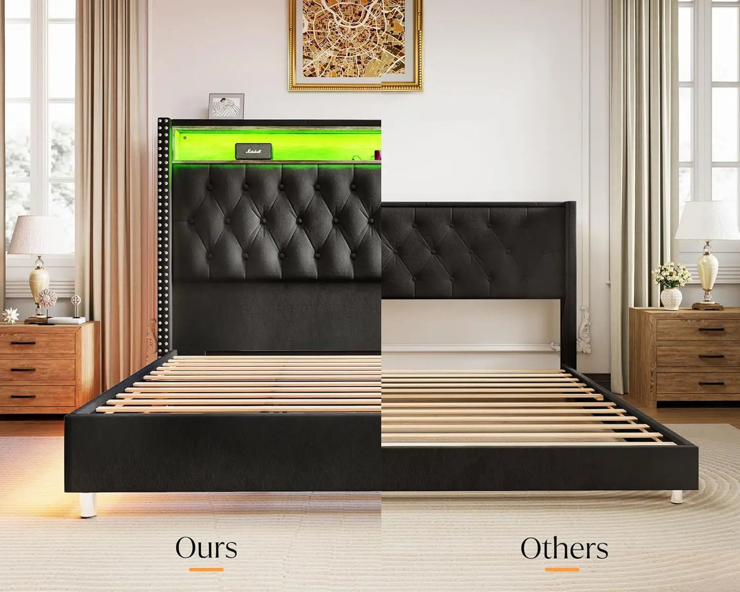 Bed Frame Queen Size with 53.6'' Tall Headboard LED Lights and Charging Station, Velvet High Upholstered Platform Bed Wingback Storag