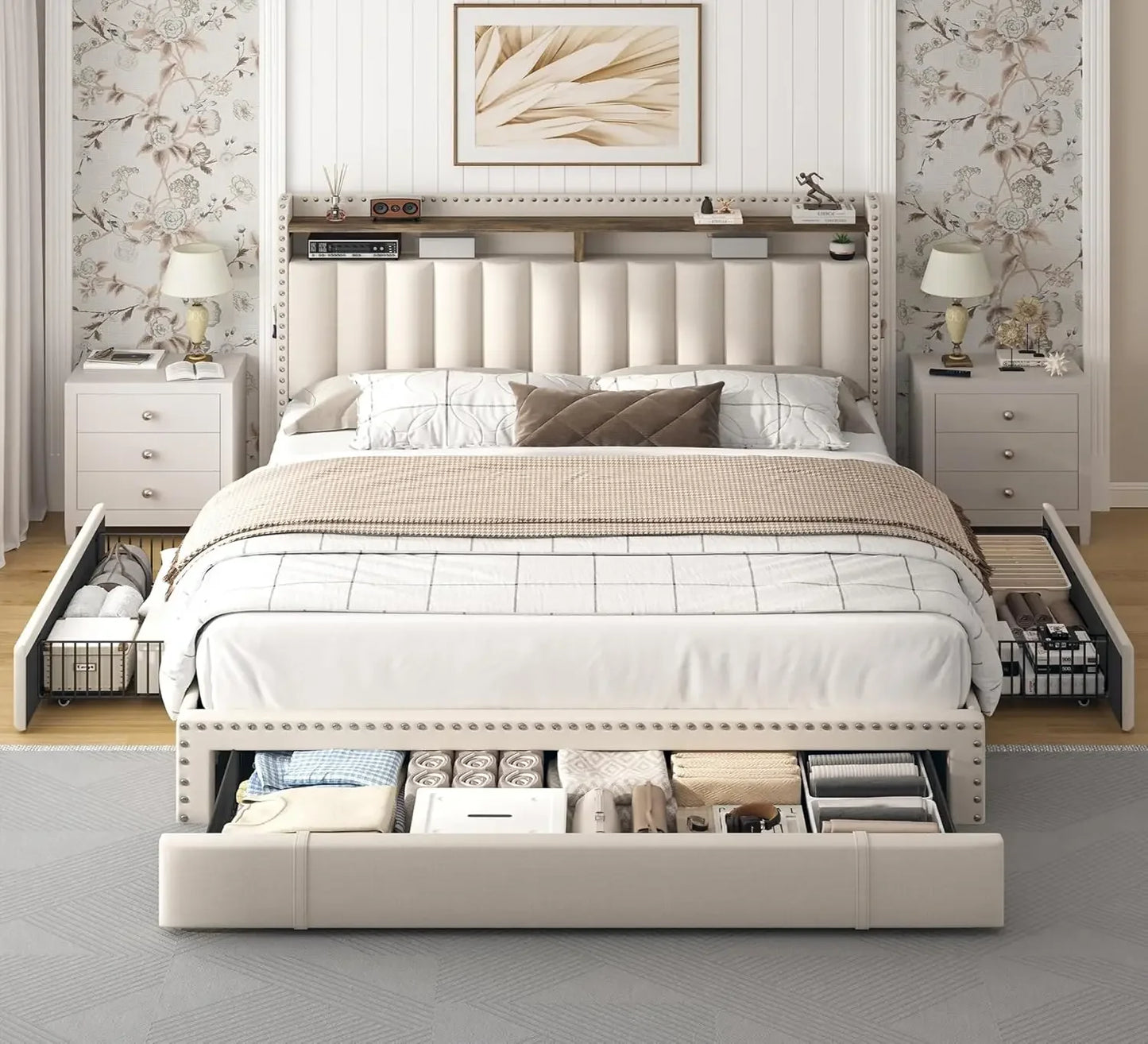 Bed Frame with 3 Drawers, Bed Frame Queen Size with Upholstered Headboard and Storage, 2-Tier Shelves, With Storage