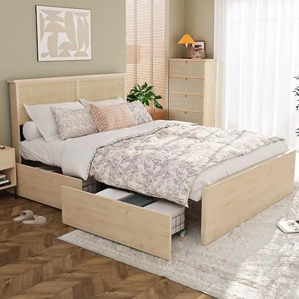 Bed Frame Queen Size with Natural Rattan Headboard and Wooden 4 Storage Drawers, Metal Platform with Strong Wooden Slats Support