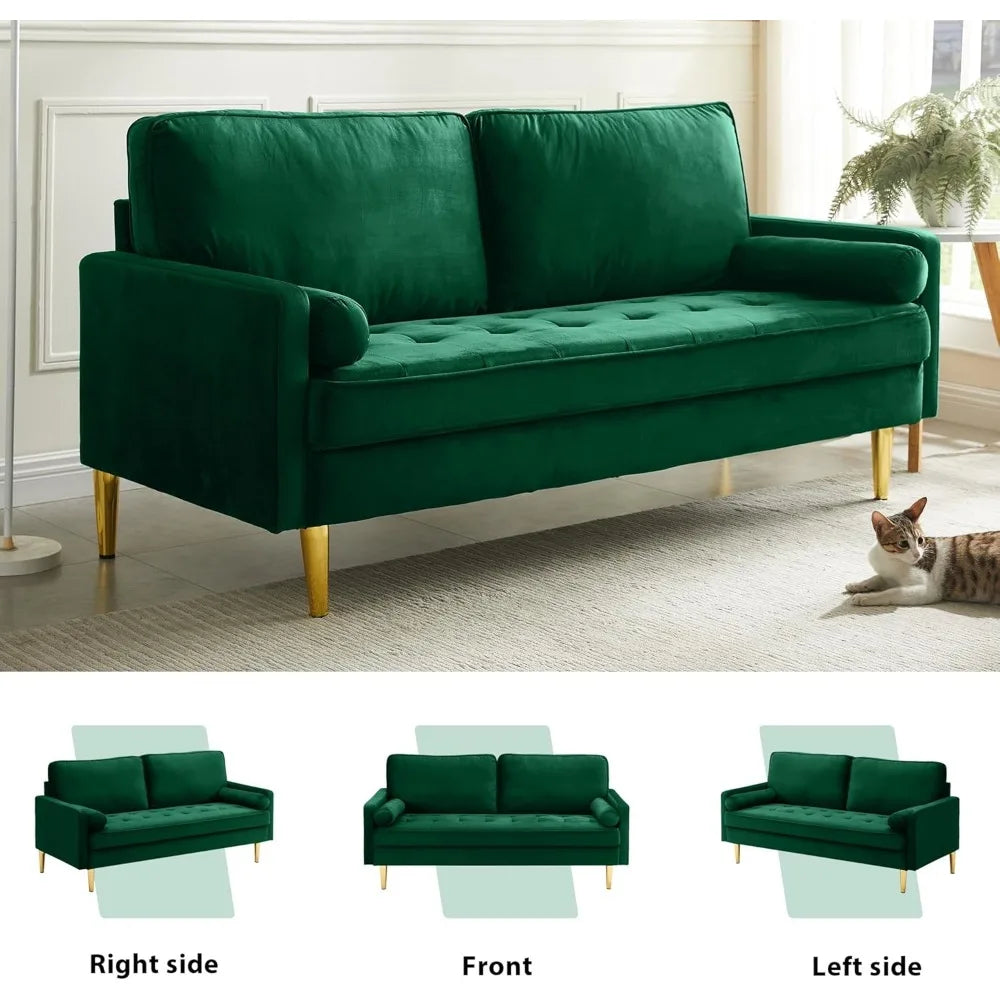 Living Room, Sofa 67" Modern Velvet Loveseat Sofa Couch, Mid-Century Tufted Upholstered Small Love Seat Couch with 2 Pillows & 4 Golden Legs