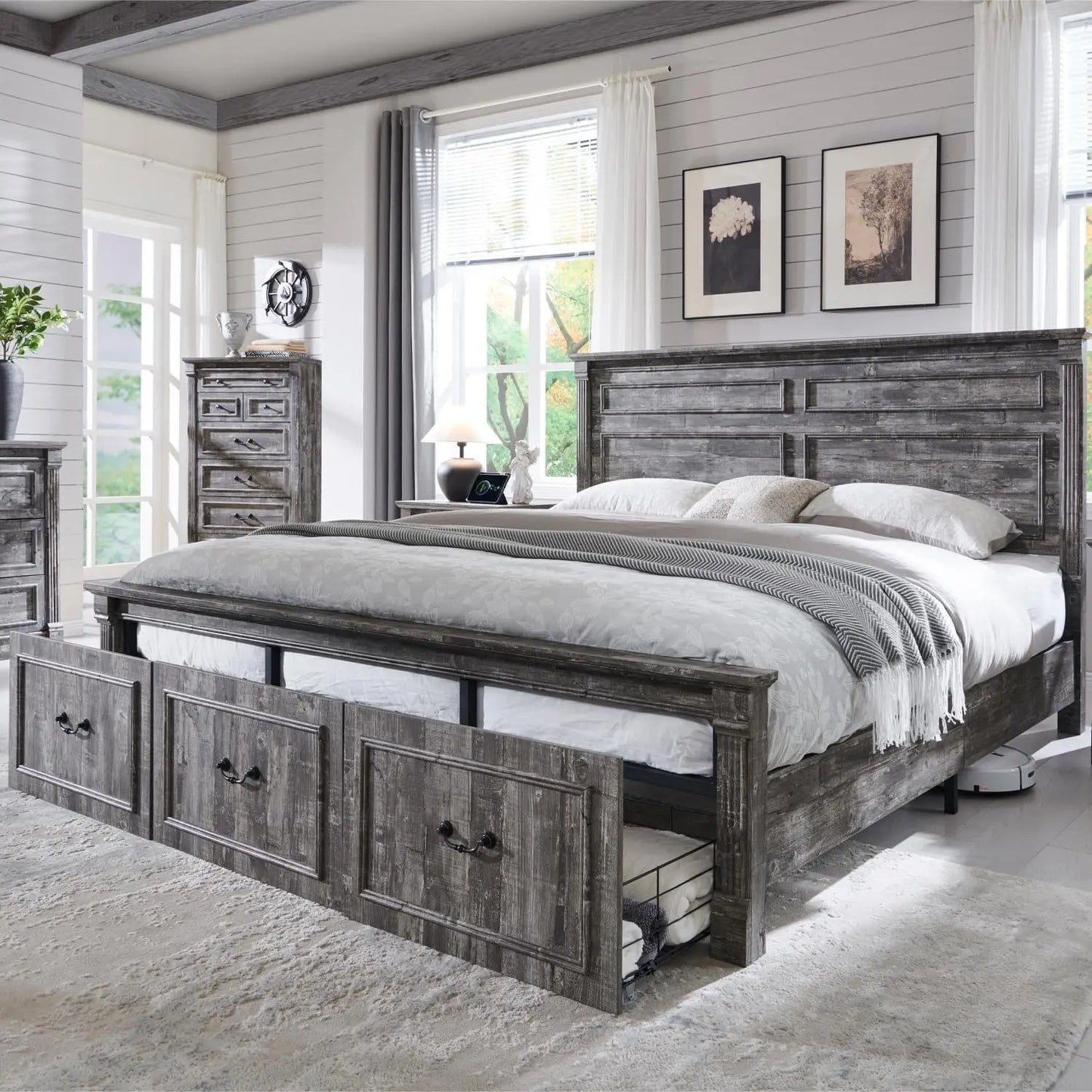 Farmhouse King Size Bed Frame with Roman Column Decoration,with 51" Tall Headboard, Wood Bed Frame with 20" Tall Footboard.