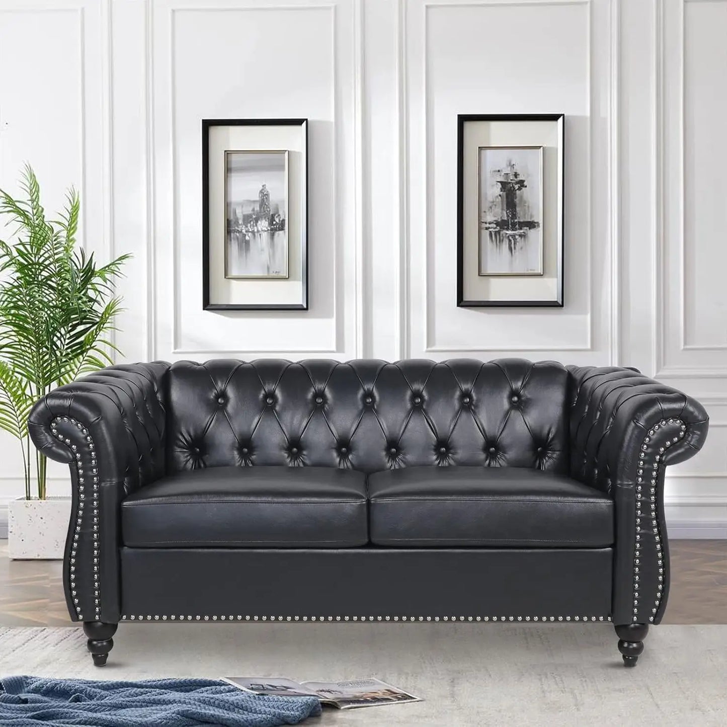 Living Room Couch or Loveseat or Chair, 84" Upholstered Tufted Couch 3 Seater or Loveseat or Chair with Rolled Arms and Nailhead for Living Room, Bedroom, Leather Sofa