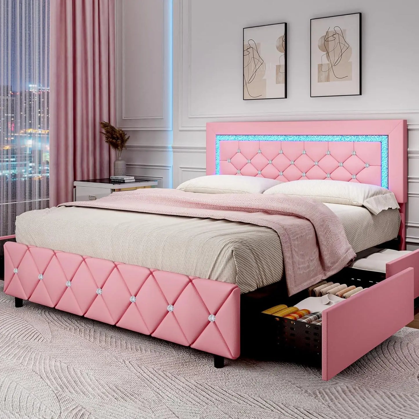 Bed Frame King Size with LED Lights and Storage Drawers, Upholstered Platform Bed with Crystal Tufted Headboard, Wooden Slats