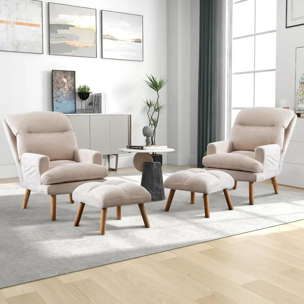 Chair Modern Accent Chair with Ottoman, Soft Fabric Armchair with Adjustable Backrest and Side Pockets, Comfy Lounge Chair