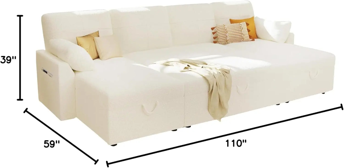 Living Room Sleeper Sofa with Double Storage Chaise for Living Room, White Boucle Couch