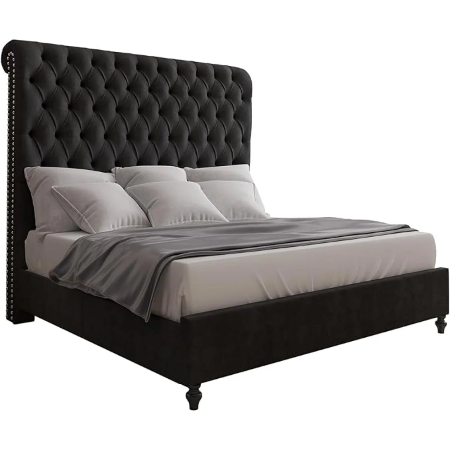 Bed Frame Queen Size or King Size with Sleigh Headboard, Velvet Upholstered Platform Beds, King Size Bed Frame