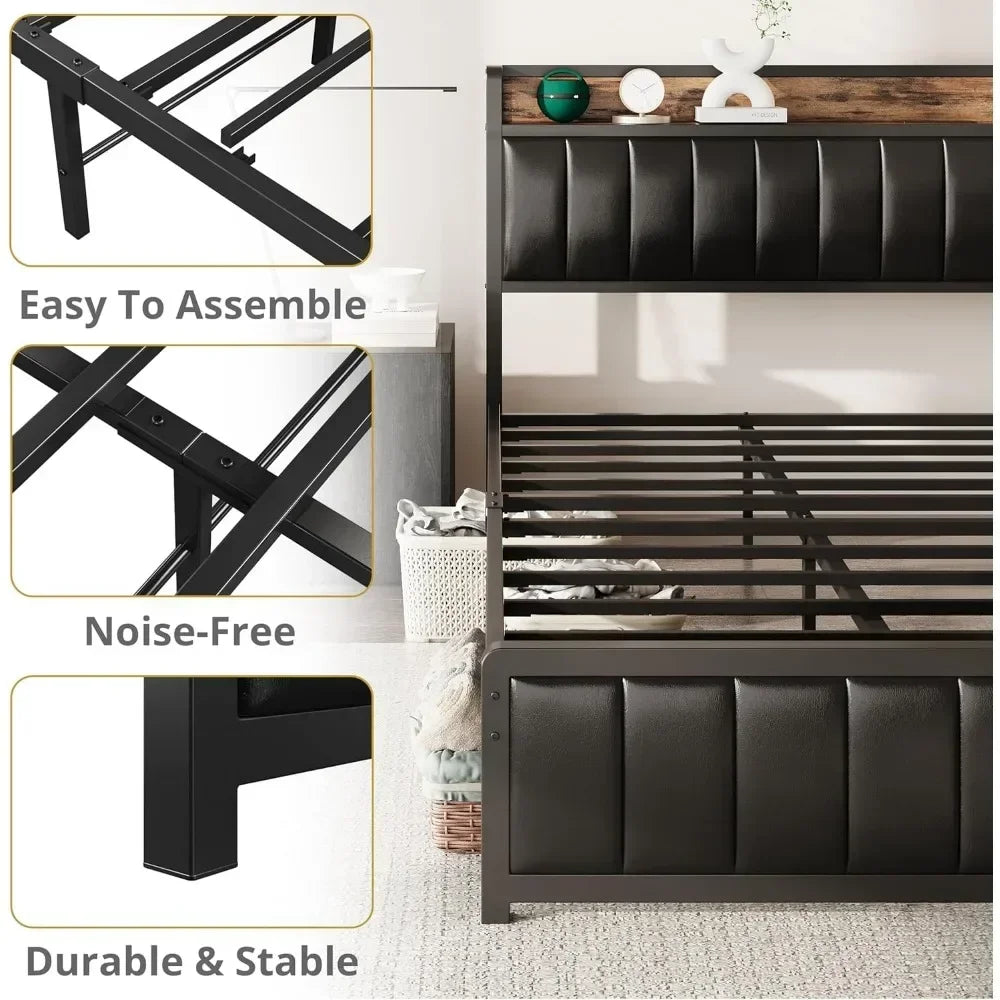 Bed Frame King Size or Full Size Headboard & Footboard, Upholstered Platform Bed with USB Ports & Outlets, Strong Steel Slats