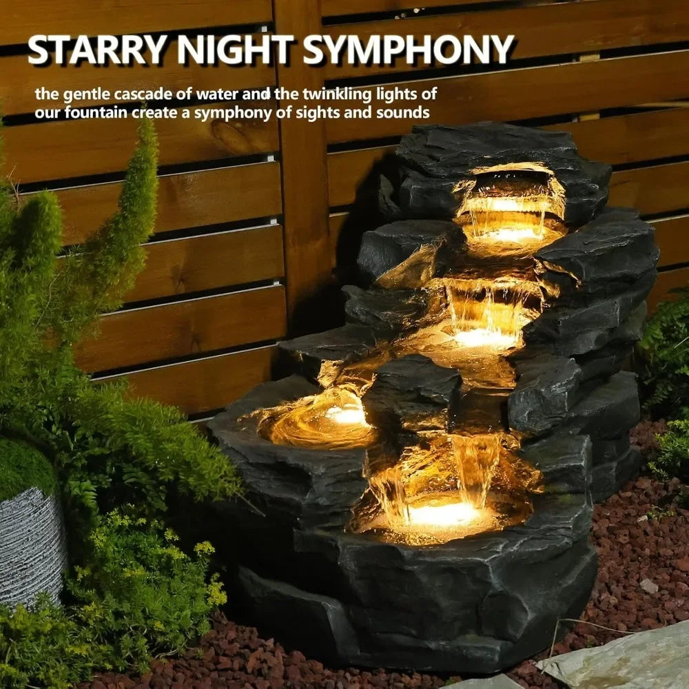 Garden Outdoor Water Fountain, Floor Standing Tiers Rock Natural Waterfall Outdoor Fountains with LED Lights 37" L