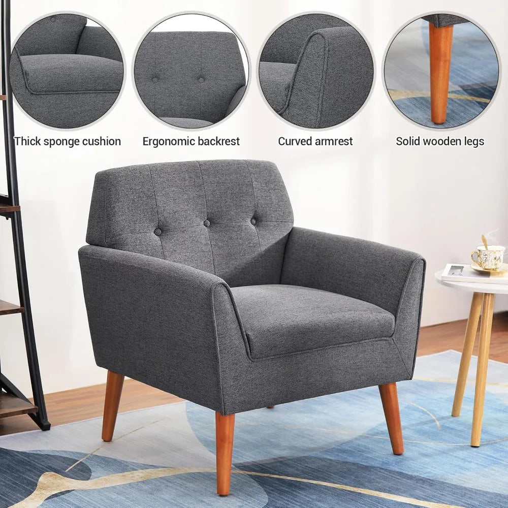 Chair Modern Accent, Comfortable Button Tufted Reading Sofa Chair Comfy Upholstered Linen Fabric Arm Chair for Living Room or Bedroom