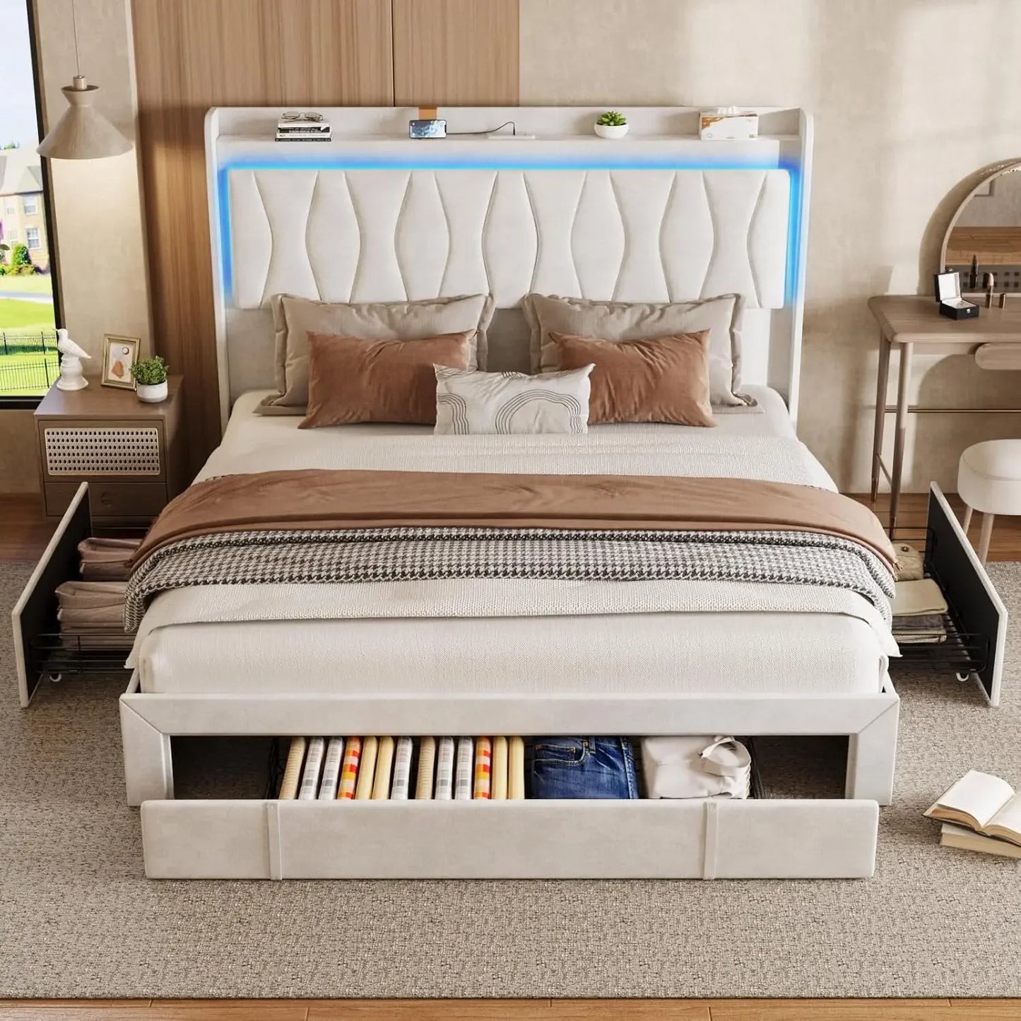 Bed Frame Queen Size or King Size with LED Light and 3 Drawers Storage, Charging Station Wingback Tall Headboard, Upholstered Velvet Platform Bed Frame