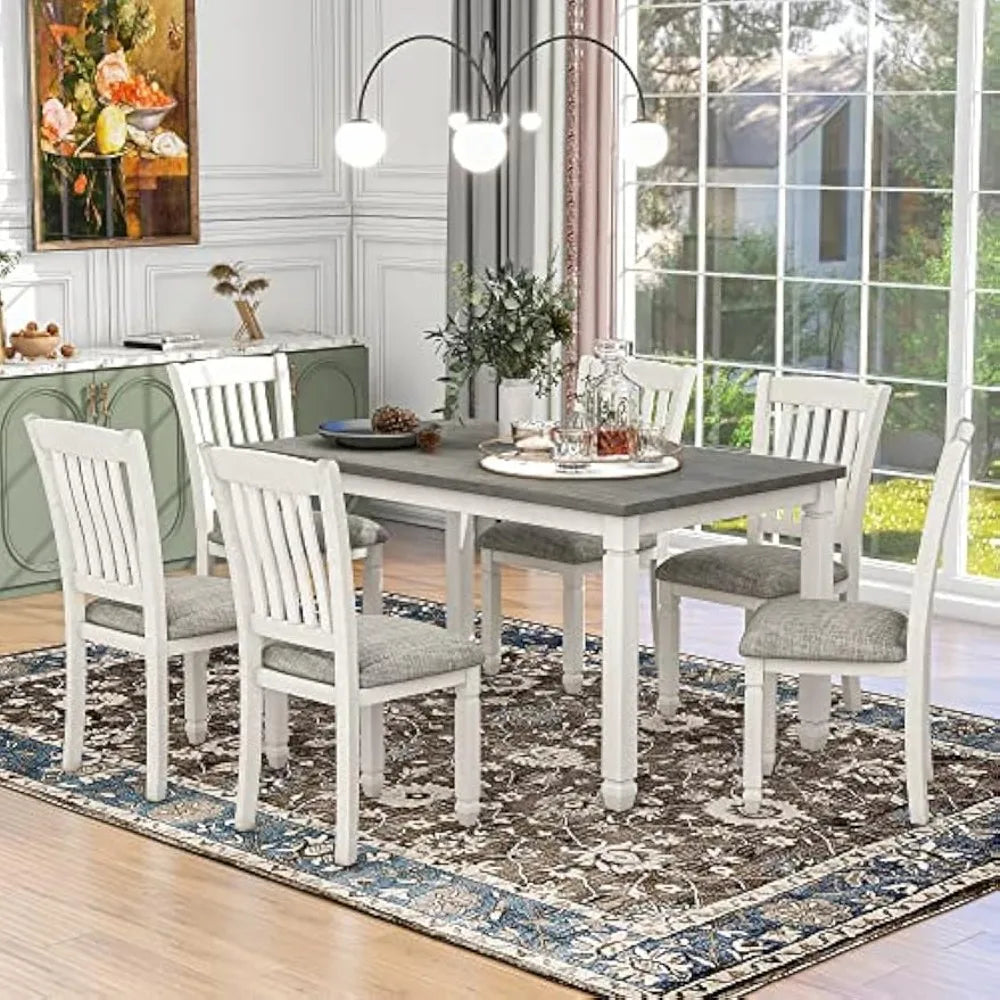 Dining Room Table Set 7-Piece, Dining Table and 6 Upholstered Chairs with Shaped Legs, Dining Room Set, for Living Room, Gray+White