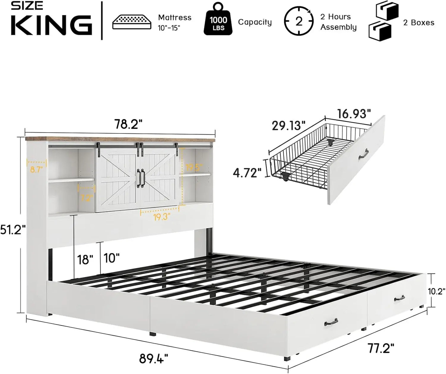 Wood Platform Bed Frame King Size with 51.2" Bookcase Headboard, Storage Bed with Sliding Barn Door Charging Station 2 Drawers