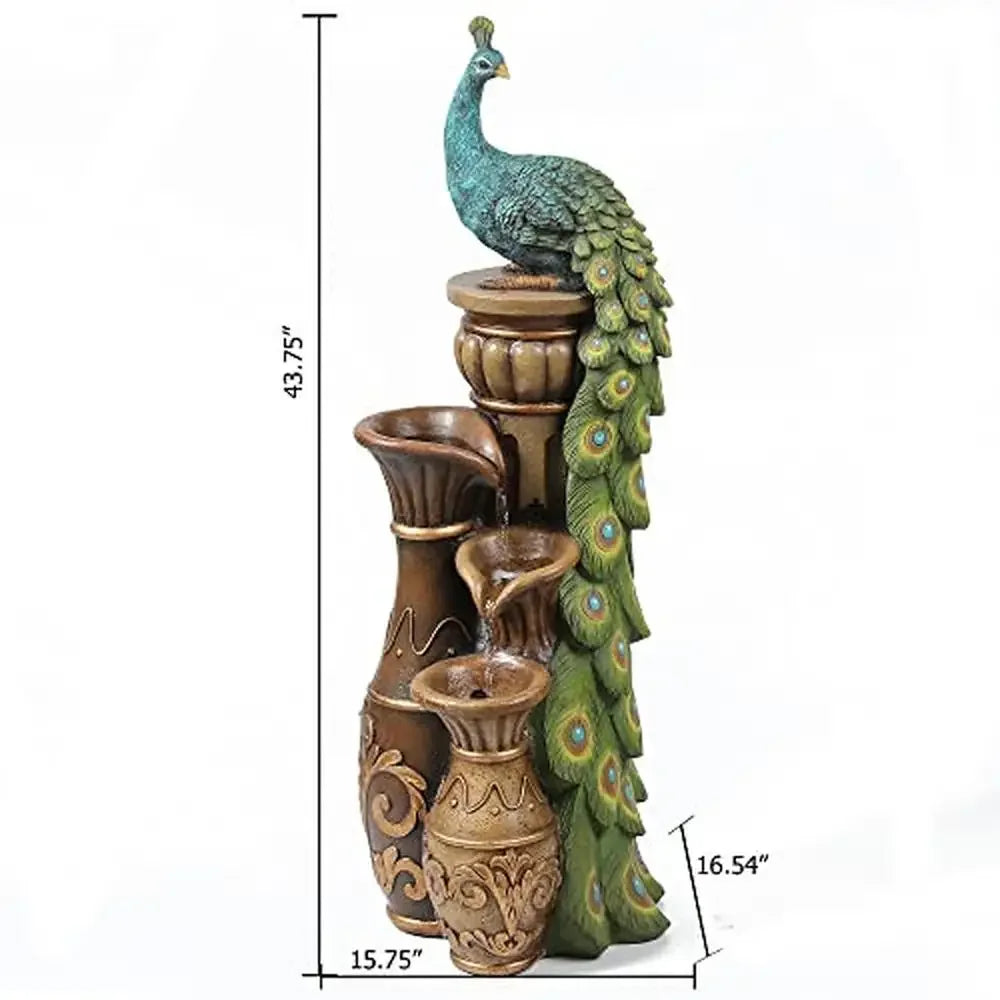 Peacock Pedestal Garden Fountain LED Light Resin Outdoor Urn Water Feature Durable Lightweight Patio Decor 44" Tall Waterfall