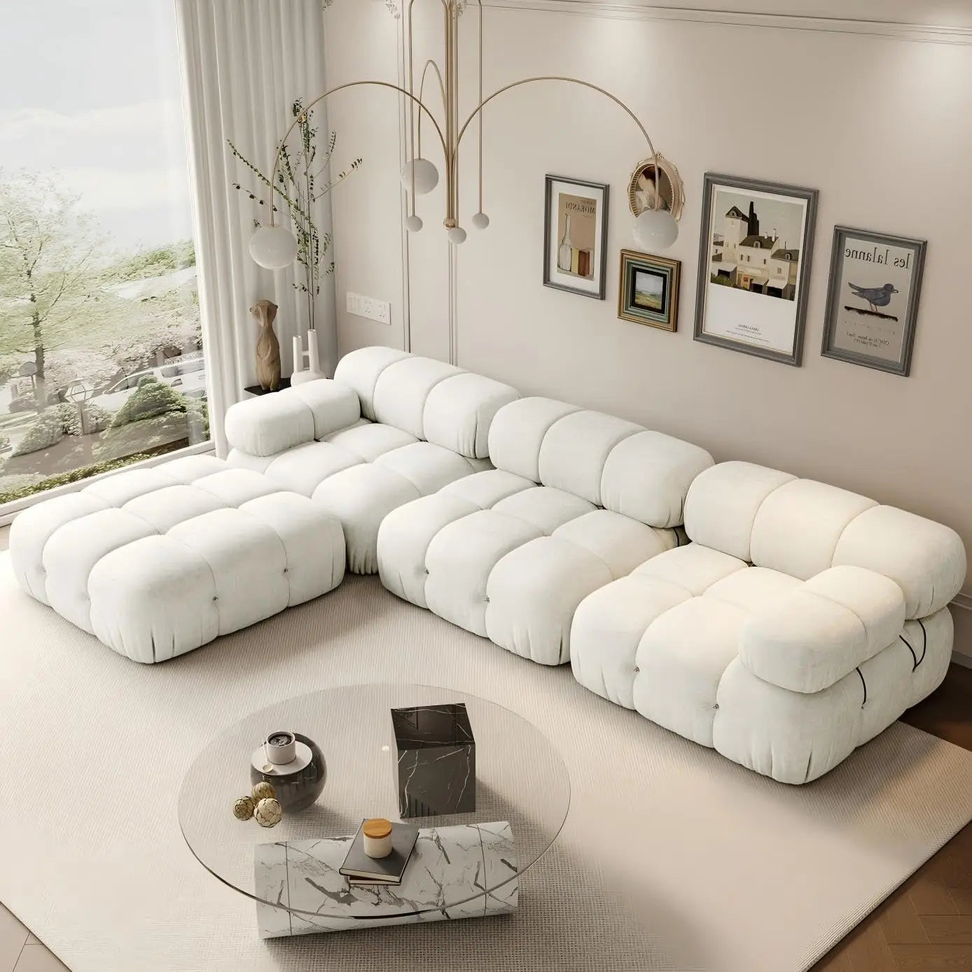 Living Room Modular Compression Sectional Sofa Couches, L-Shaped Cloud Couch with Corner Sectional, 4-Seater Boucle Oversized Sofa with Ottoman