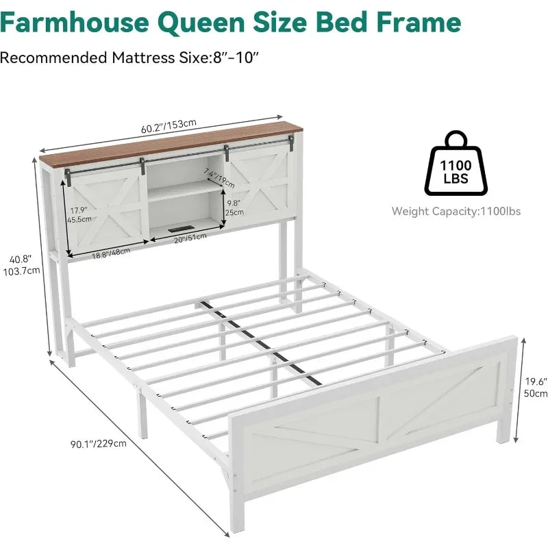 Bed Frame Farmhouse Queen Size or King Size with Headboard, Bookcase Storage Shelves, Sliding Barn Door, Charging Station, Rustic Wood