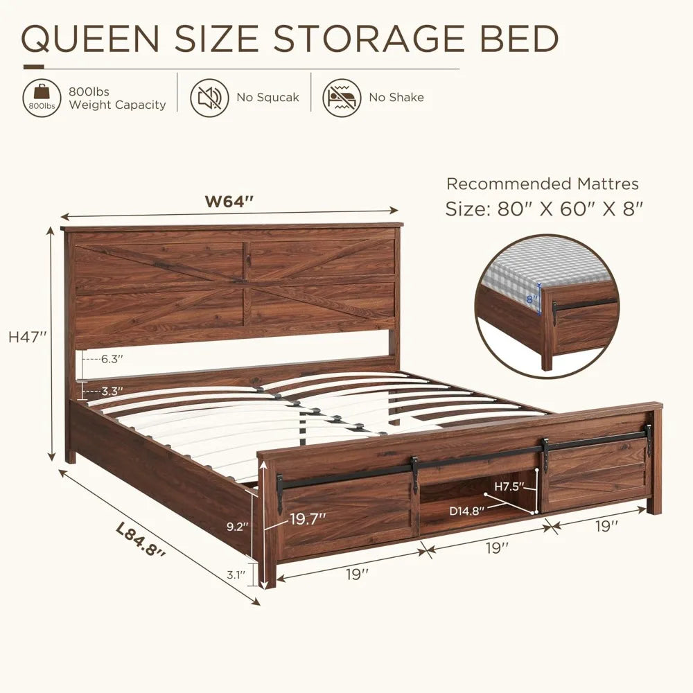 Bed Frame Wood, Queen Size or Full Size  with Sliding Barn Door Storage Cabinets and Headboard, No Box Spring Needed, Bed Frame