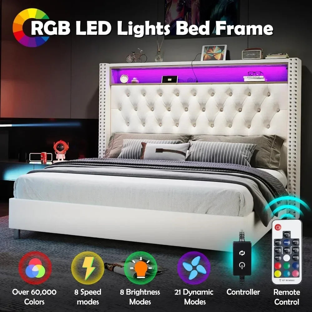 Bed Frame and Headboard LED King Size   with Charging Station Velvet Upholstered Beds, No Box Spring Needed, King Size  Bed Frame