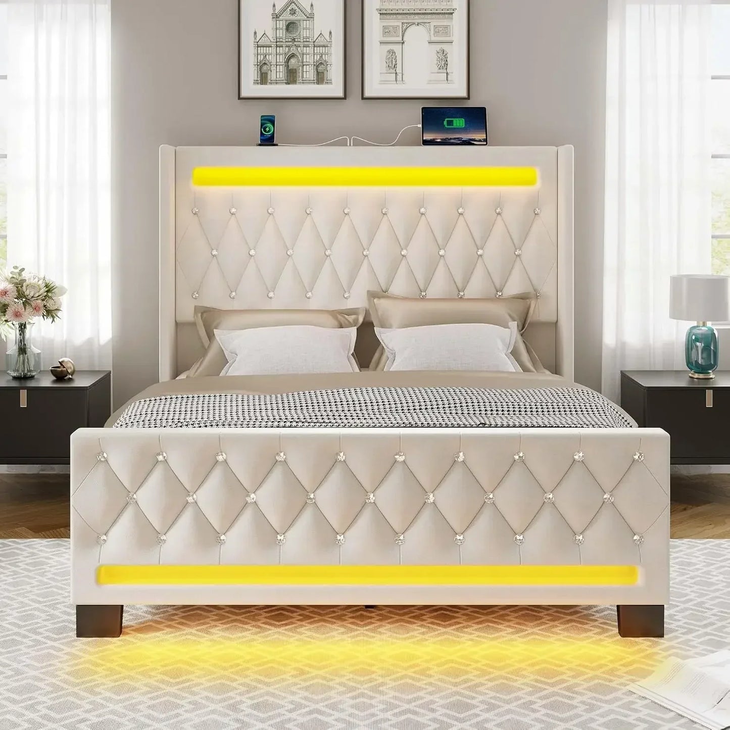 Bed Frame Queen Size with LED Light and Charging Station, Upholstered High Headboard and Footboard, Wood Slats, Noise Free, Beige