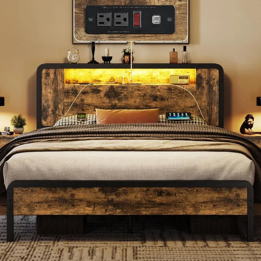 Bed Frame Queen Size or Full Size Bed with Wooden Headboard/Footboard, Storage Space and Adjustable LED Light, Mattress Foundation