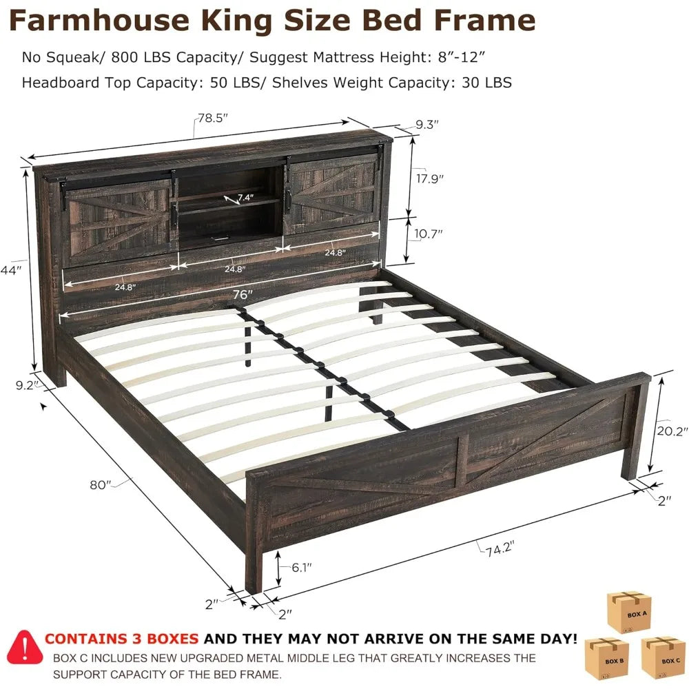 Bed Frame King Size or Queen Size W/Storage Bookcase Headboard, Charging Station, Wood Slats Support, No Box Spring Needed, Wood Platform Bed