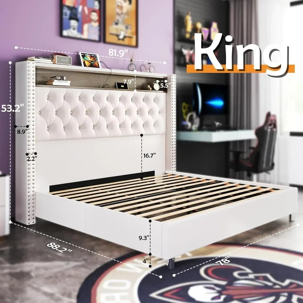 Bed Frame and Headboard LED King Size   with Charging Station Velvet Upholstered Beds, No Box Spring Needed, King Size  Bed Frame