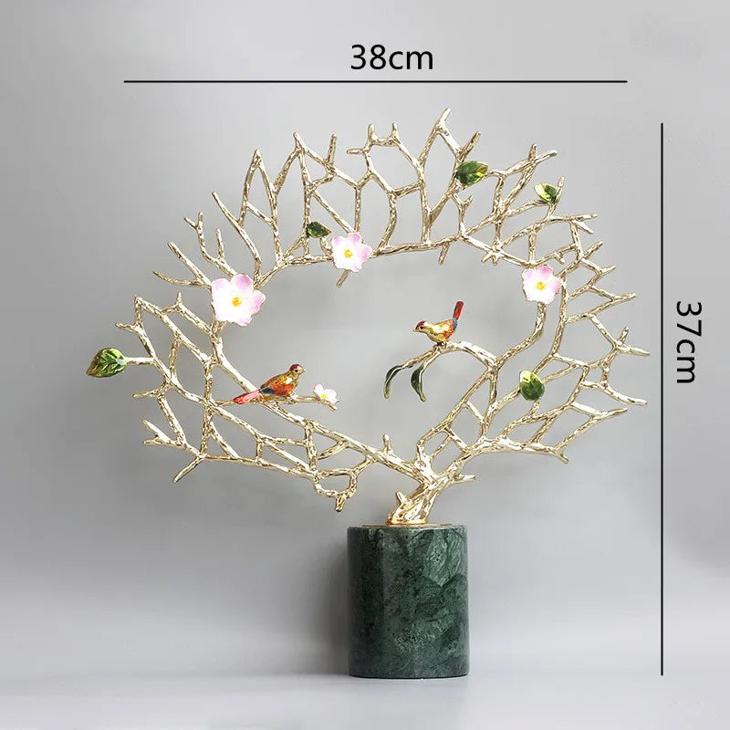 Metal Tree Simulated Plant Crystal Base Marble Grain Enamel Color Handmade Ornaments Golden Hollow Sculpture Figurine