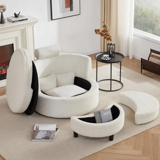 Chair Swivel with Half Moon Storage Ottoman, Luxurious Round Oversized Swivel Barrel Chair with Base Storage for Living Room, 360°Modern S