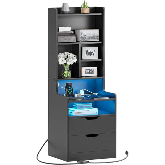 End Table Tall or Tall Night Stand with Charging Station and LED Lights,Nightstand with Bookshelf,Bedside Table with Drawers & Power Outlets